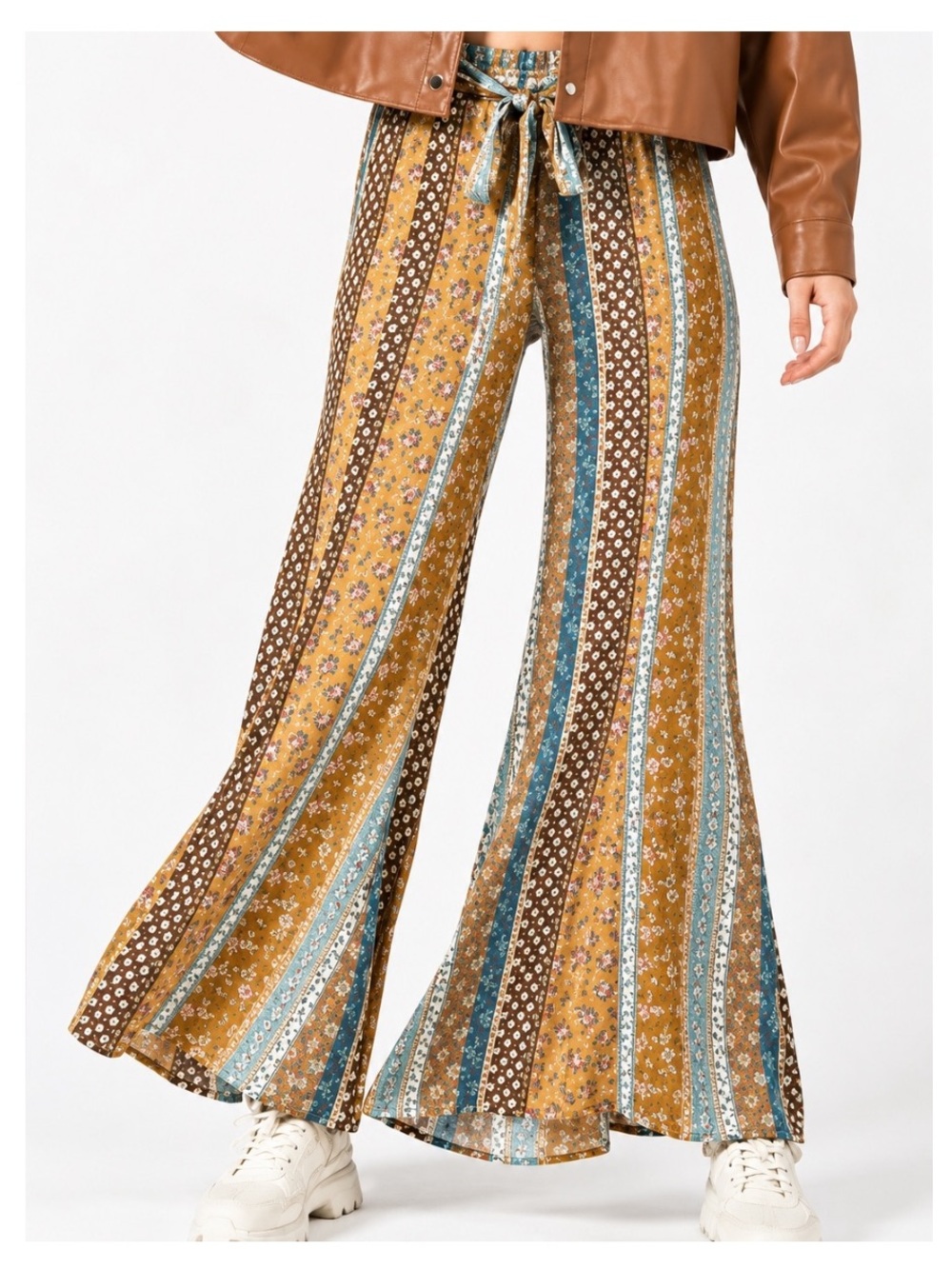 NEW GEEGEE Plus High-Waist Wide Leg Pants in Camel/Blue Stripes 2XL
